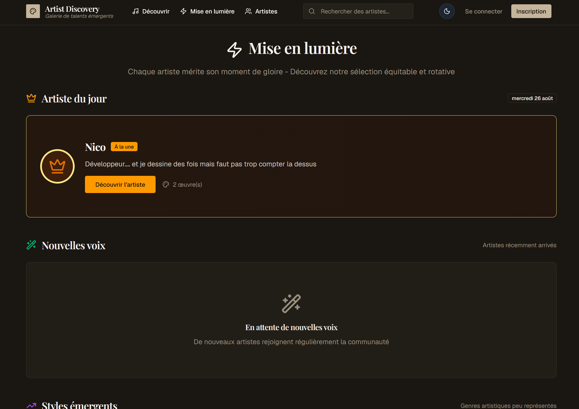 Capture d'écran de la mise en lumière des artistes sur Artist Discovery