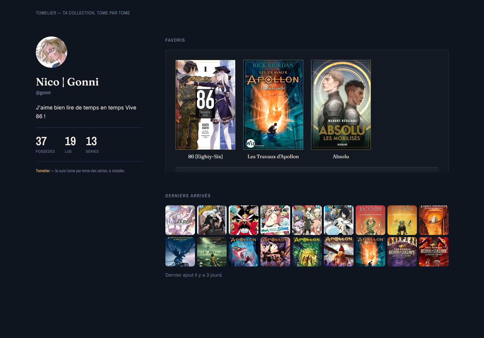 Capture d'écran du profil public sur Tomelier